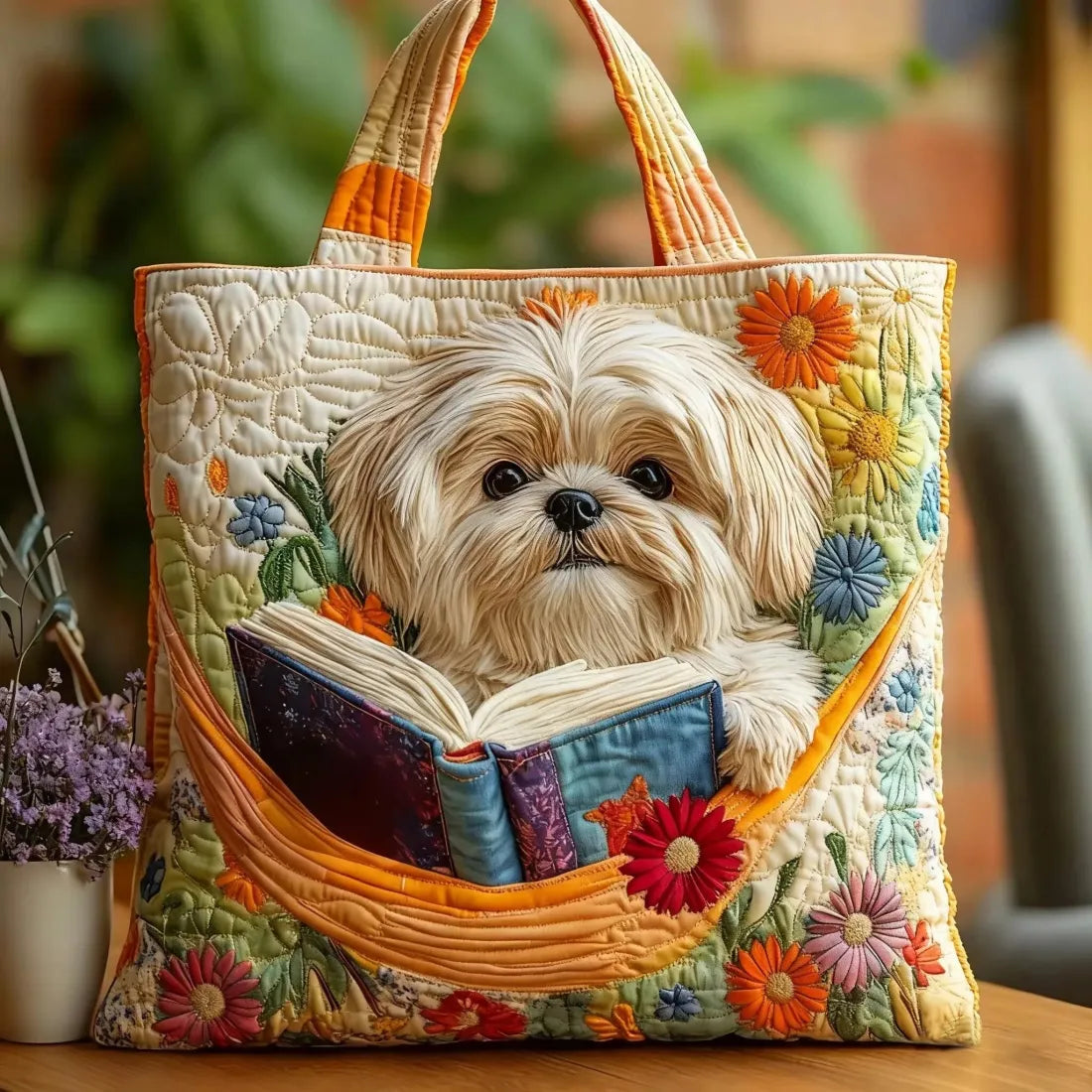 Kézműves táska - Shih Tzu könyvekkel és virágokkal
