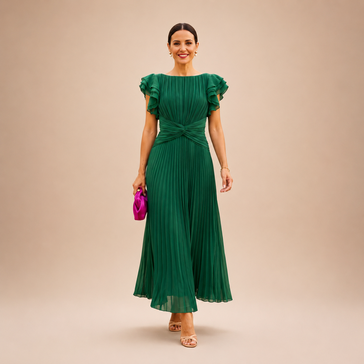 Zelma – elegáns pliszírozott maxi ruha csavart derékkal