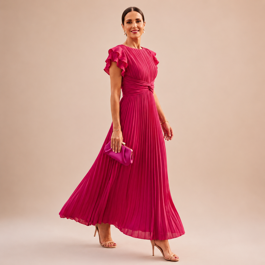 Zelma – elegáns pliszírozott maxi ruha csavart derékkal