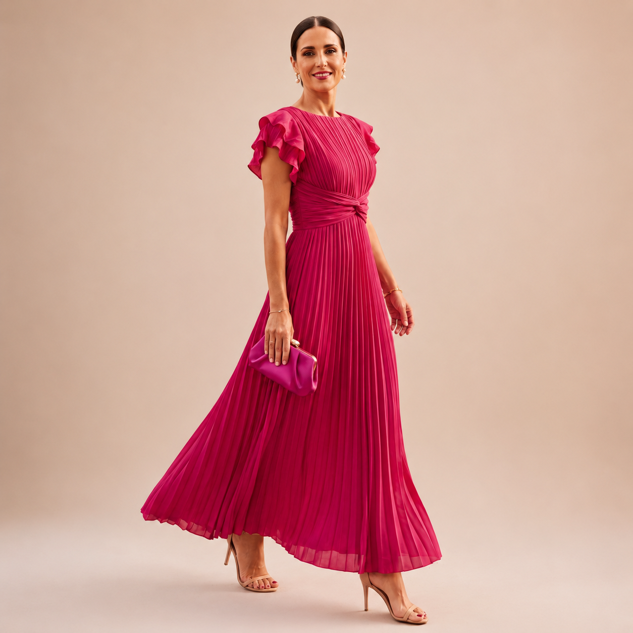 Zelma – elegáns pliszírozott maxi ruha csavart derékkal